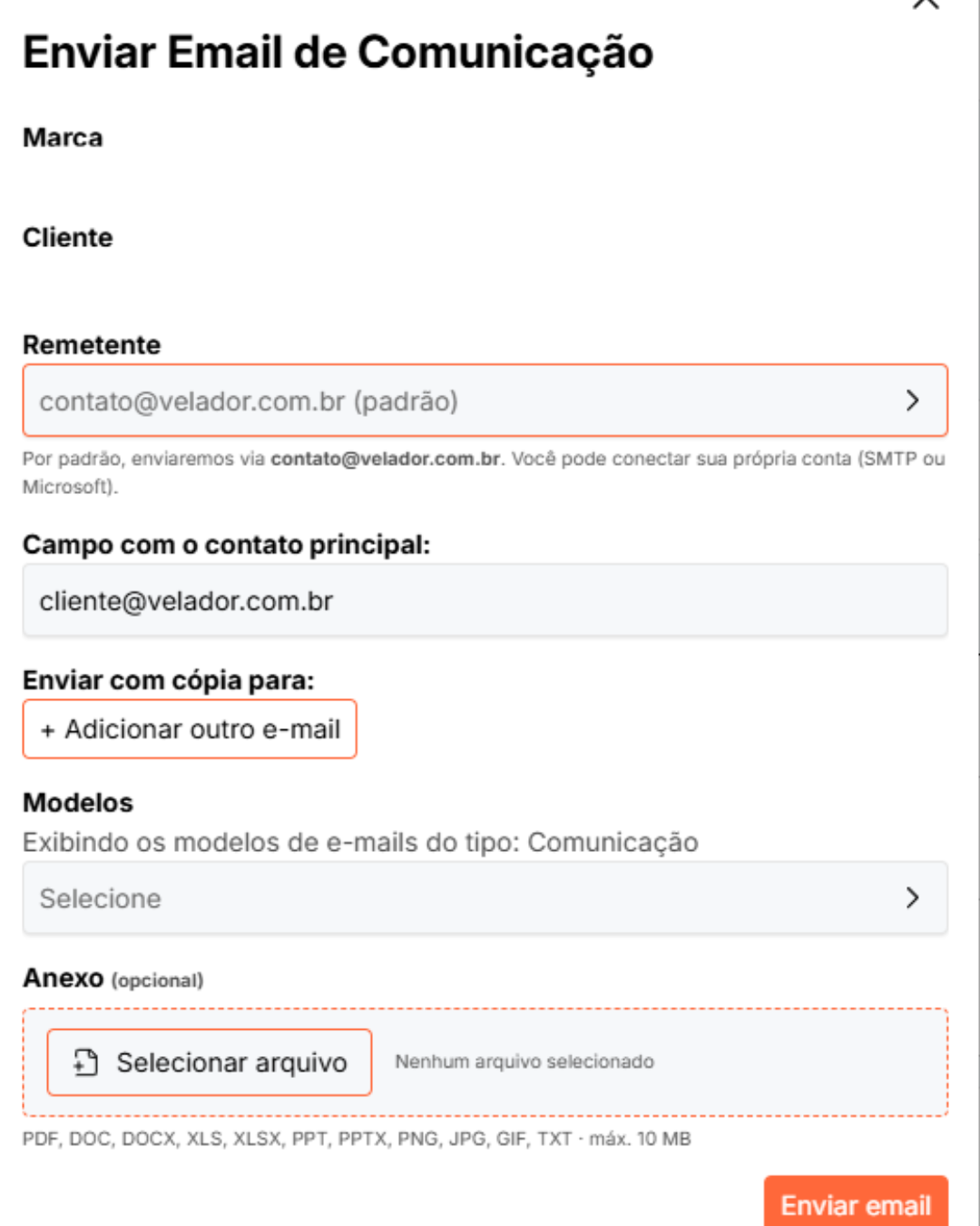Possibilidade de adicionar anexo em emails através do sistema