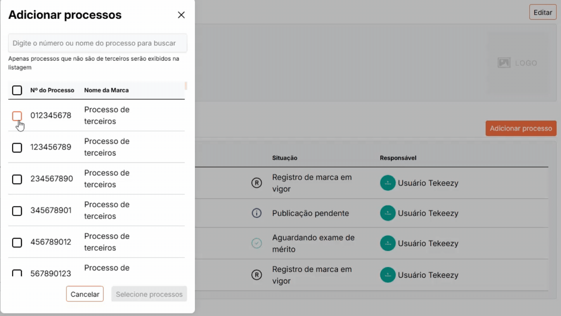 Vinculação de processos de terceiros a um cliente
